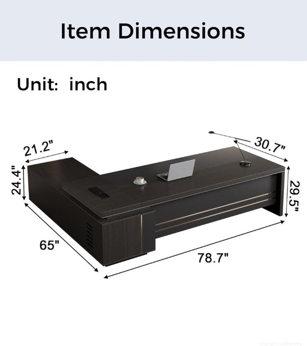 English Elm 79 Inch L-Shaped Executive Desk with USB Hub Lockable Drawers and Walnut Gray Finish T6026S00013