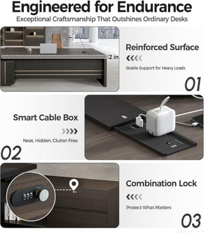English Elm 79 Inch L-Shaped Executive Desk with USB Hub Lockable Drawers and Walnut Gray Finish T6026S00013