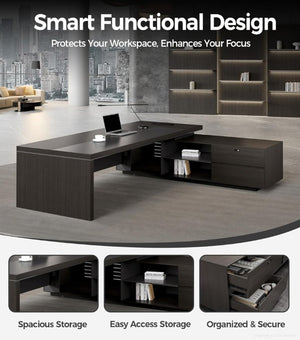 English Elm 79 Inch L-Shaped Executive Desk with USB Hub Lockable Drawers and Walnut Gray Finish T6026S00013