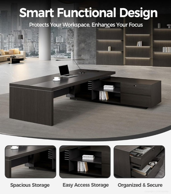 English Elm 79 Inch L-Shaped Executive Desk with USB Hub Lockable Drawers and Walnut Gray Finish T6026S00013