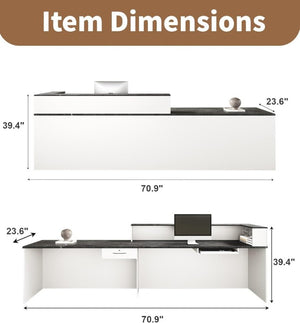 English Elm 71 Inch L Shaped Reception Desk with Lockable Drawer Keyboard Tray Lobby Office T6026S00014