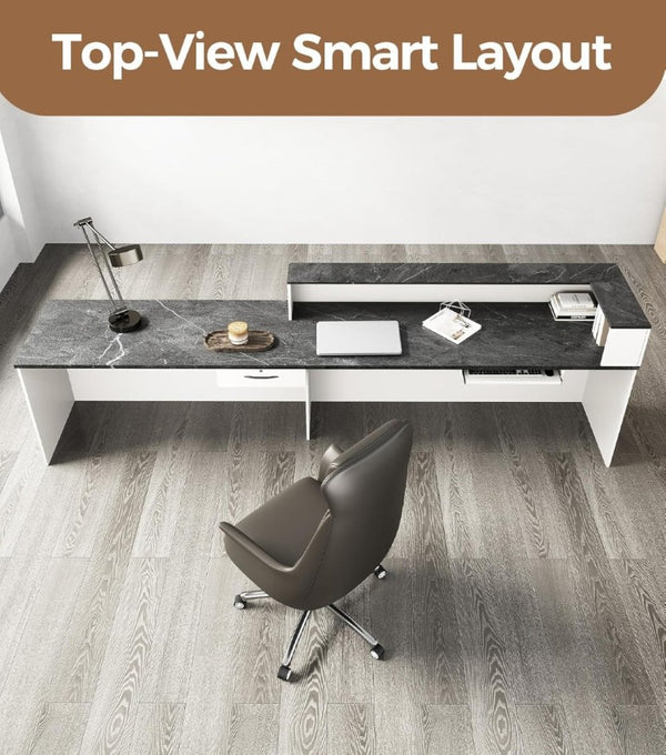 English Elm 71 Inch L Shaped Reception Desk with Lockable Drawer Keyboard Tray Lobby Office T6026S00014