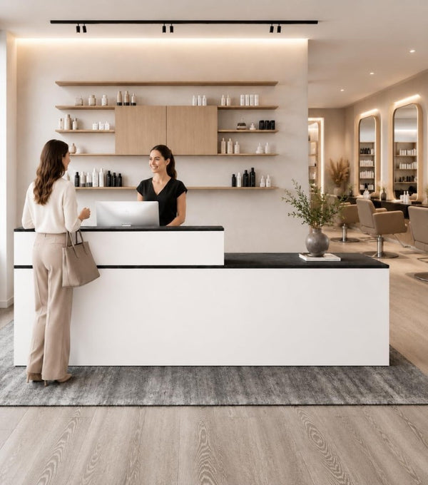 English Elm 71 Inch L Shaped Reception Desk with Lockable Drawer Keyboard Tray Lobby Office T6026S00014