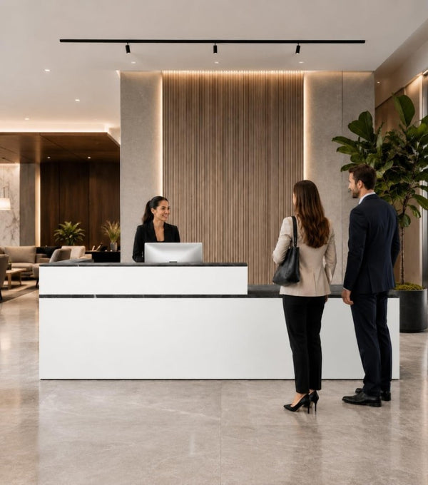 English Elm 71 Inch L Shaped Reception Desk with Lockable Drawer Keyboard Tray Lobby Office T6026S00014