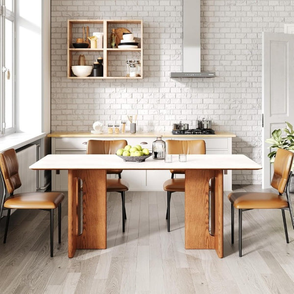 English Elm 62.9-Inch Rectangular Sintered Stone Dining Table with Solid Wood Legs Seats Six T6026S00015