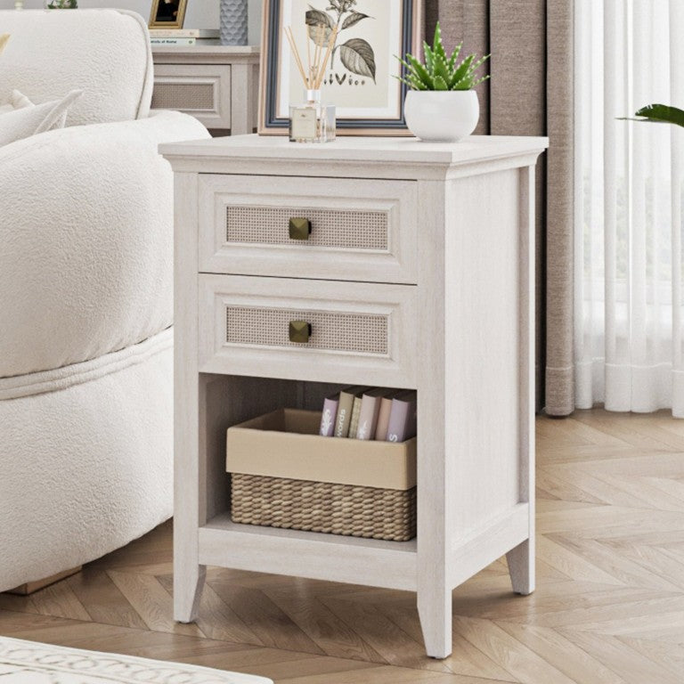English Elm Farmhouse Boho Nightstand with Woven Rattan Drawers Open Shelf and Bronze Knobs T6051P528479