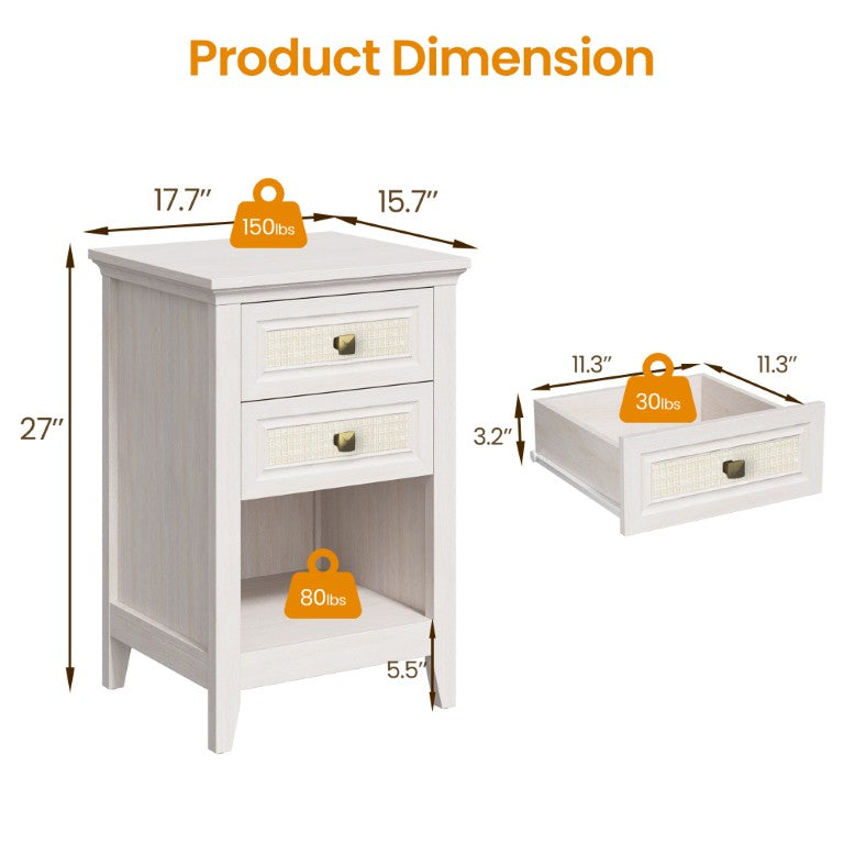 English Elm Farmhouse Boho Nightstand with Woven Rattan Drawers Open Shelf and Bronze Knobs T6051P528479