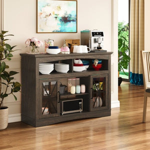 English Elm 47 Inch Farmhouse Media Console with LED Lighting Tempered Glass Doors and Wood Grain Finish T6051P529018