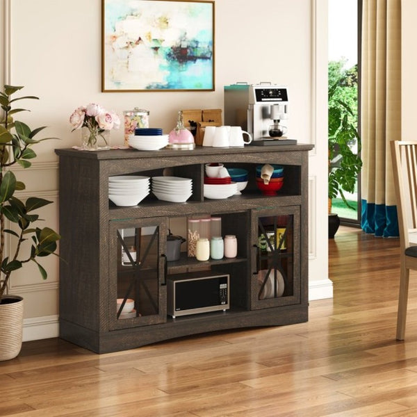 English Elm 47 Inch Farmhouse Media Console with LED Lighting Tempered Glass Doors and Wood Grain Finish T6051P529018