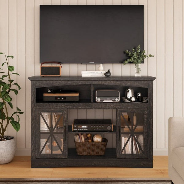 English Elm 47 Inch Farmhouse Media Console with LED Lighting Tempered Glass Doors and Wood Grain Finish T6051P529018