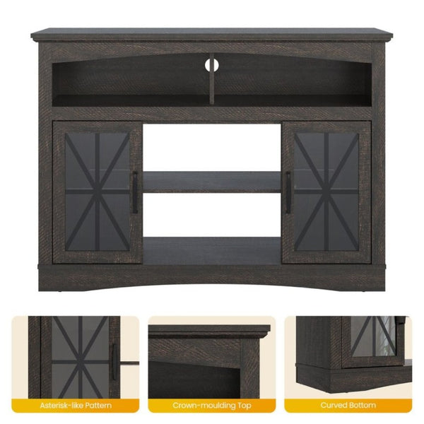 English Elm 47 Inch Farmhouse Media Console with LED Lighting Tempered Glass Doors and Wood Grain Finish T6051P529018