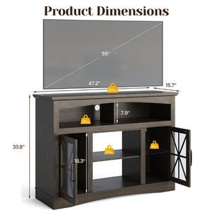 English Elm 47 Inch Farmhouse Media Console with LED Lighting Tempered Glass Doors and Wood Grain Finish T6051P529018