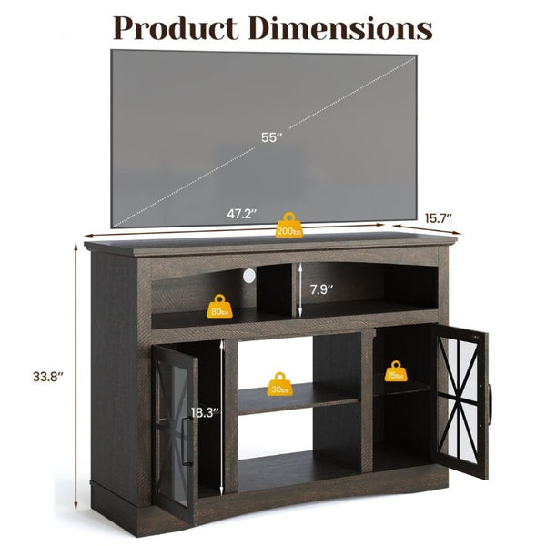 English Elm 47 Inch Farmhouse Media Console with LED Lighting Tempered Glass Doors and Wood Grain Finish T6051P529018