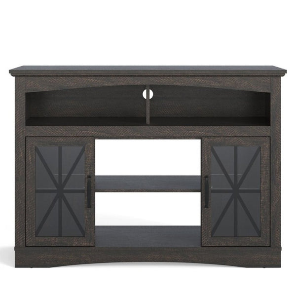 English Elm 47 Inch Farmhouse Media Console with LED Lighting Tempered Glass Doors and Wood Grain Finish T6051P529018