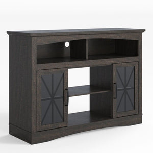 English Elm 47 Inch Farmhouse Media Console with LED Lighting Tempered Glass Doors and Wood Grain Finish T6051P529018