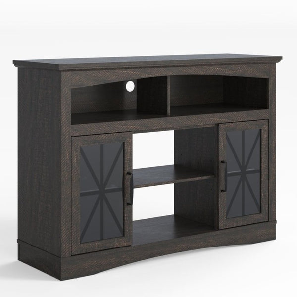 English Elm 47 Inch Farmhouse Media Console with LED Lighting Tempered Glass Doors and Wood Grain Finish T6051P529018