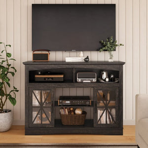 English Elm 47 Inch Farmhouse Media Console with LED Lighting Tempered Glass Doors and Wood Grain Finish T6051P529018