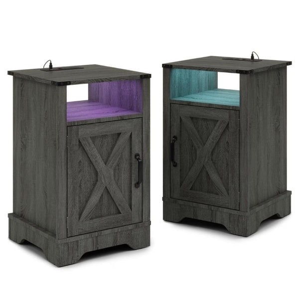 English Elm Led Farmhouse Nightstand Pair with RGB Underglow and Built-In Charging for Bedroom T6051P533239