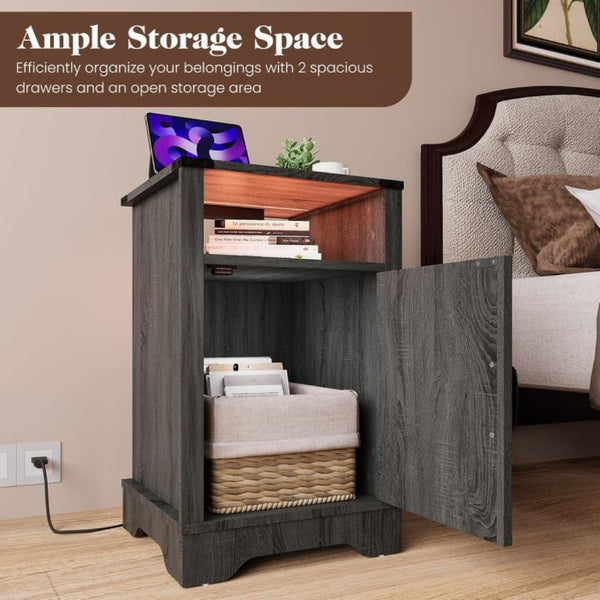 English Elm Led Farmhouse Nightstand Pair with RGB Underglow and Built-In Charging for Bedroom T6051P533239