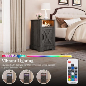 English Elm Led Farmhouse Nightstand Pair with RGB Underglow and Built-In Charging for Bedroom T6051P533239