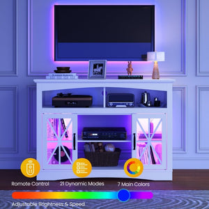 English Elm 47 Inch Farmhouse TV Stand with LED Lights Tempered Glass Doors and Adjustable Shelving T6051P533253
