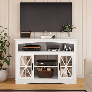 English Elm 47 Inch Farmhouse TV Stand with LED Lights Tempered Glass Doors and Adjustable Shelving T6051P533253