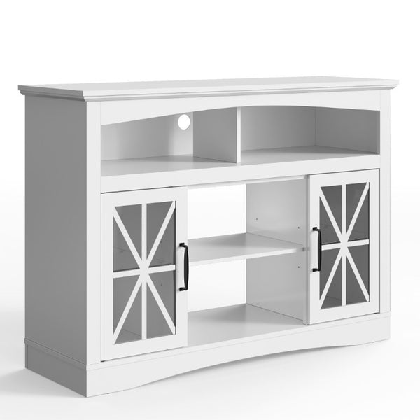 English Elm 47 Inch Farmhouse TV Stand with LED Lights Tempered Glass Doors and Adjustable Shelving T6051P533253