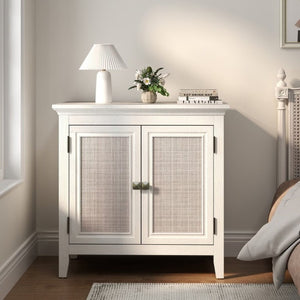 English Elm Storage Cabinet with Woven Rattan Doors White Wood Sideboard for Dining or Entryway T6051P533289