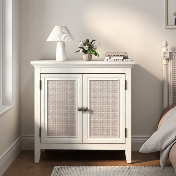 English Elm Storage Cabinet with Woven Rattan Doors White Wood Sideboard for Dining or Entryway T6051P533289