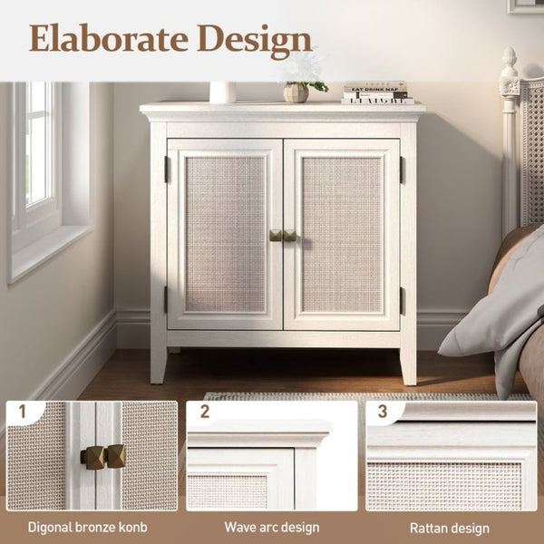 English Elm Storage Cabinet with Woven Rattan Doors White Wood Sideboard for Dining or Entryway T6051P533289