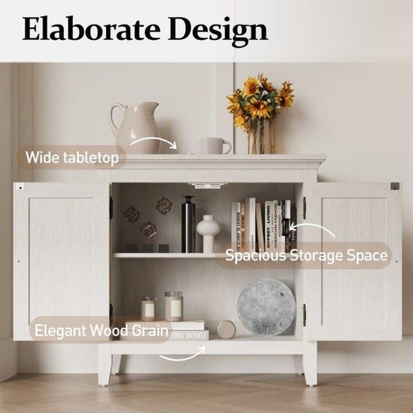 English Elm Storage Cabinet with Woven Rattan Doors White Wood Sideboard for Dining or Entryway T6051P533289