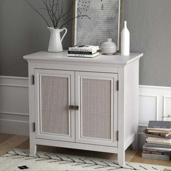English Elm Storage Cabinet with Woven Rattan Doors White Wood Sideboard for Dining or Entryway T6051P533289