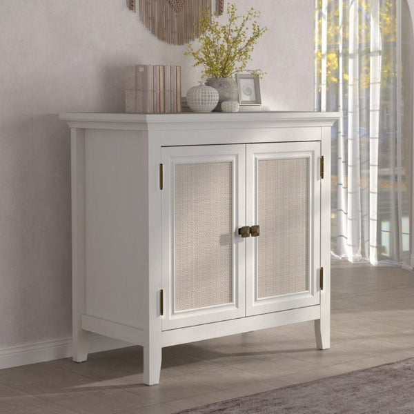 English Elm Storage Cabinet with Woven Rattan Doors White Wood Sideboard for Dining or Entryway T6051P533289