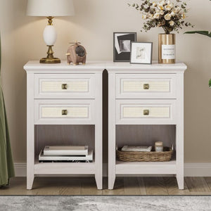 English Elm Grayish White Rattan Boho Nightstand Set of 2 with Drawers Open Shelf Bedroom Storage T6051P533328