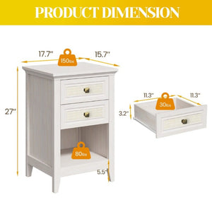 English Elm Grayish White Rattan Boho Nightstand Set of 2 with Drawers Open Shelf Bedroom Storage T6051P533328