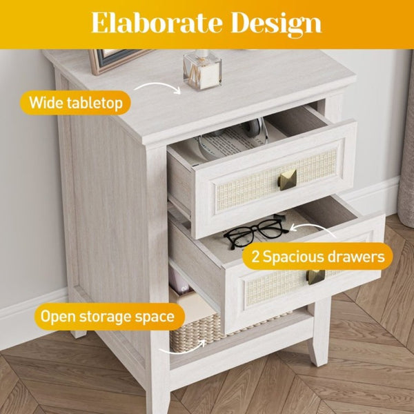 English Elm Grayish White Rattan Boho Nightstand Set of 2 with Drawers Open Shelf Bedroom Storage T6051P533328