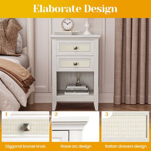 English Elm Grayish White Rattan Boho Nightstand Set of 2 with Drawers Open Shelf Bedroom Storage T6051P533328