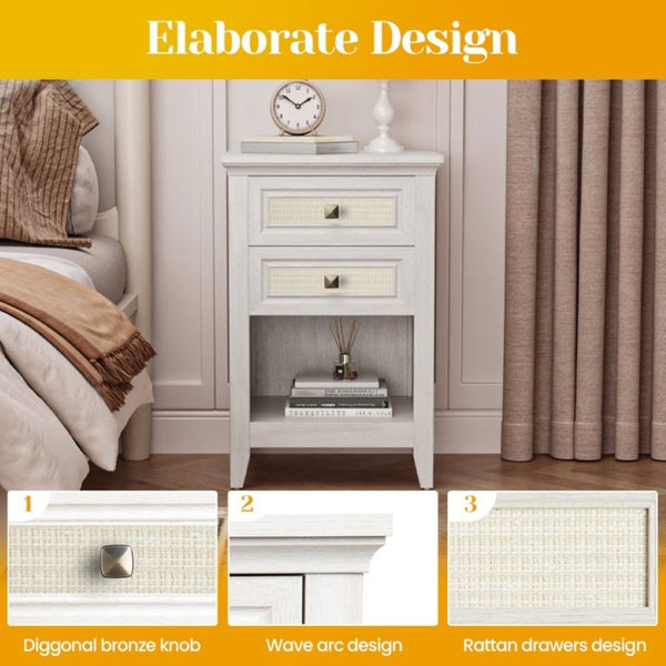 English Elm Grayish White Rattan Boho Nightstand Set of 2 with Drawers Open Shelf Bedroom Storage T6051P533328