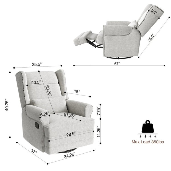 English Elm Swivel Glider Recliner with Footrest Lumbar Pillow Nailhead Trim Nursery Bedroom T6051P533359