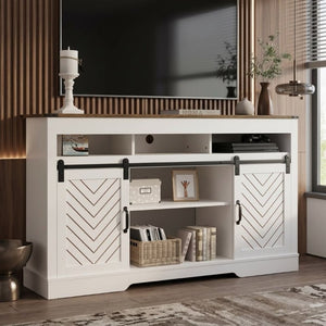 English Elm Farmhouse Barn Door Media Console with Steel Rail Hardware for Large Living Rooms T6051P533537
