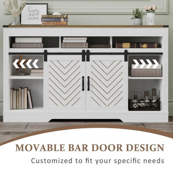 English Elm Farmhouse Barn Door Media Console with Steel Rail Hardware for Large Living Rooms T6051P533537