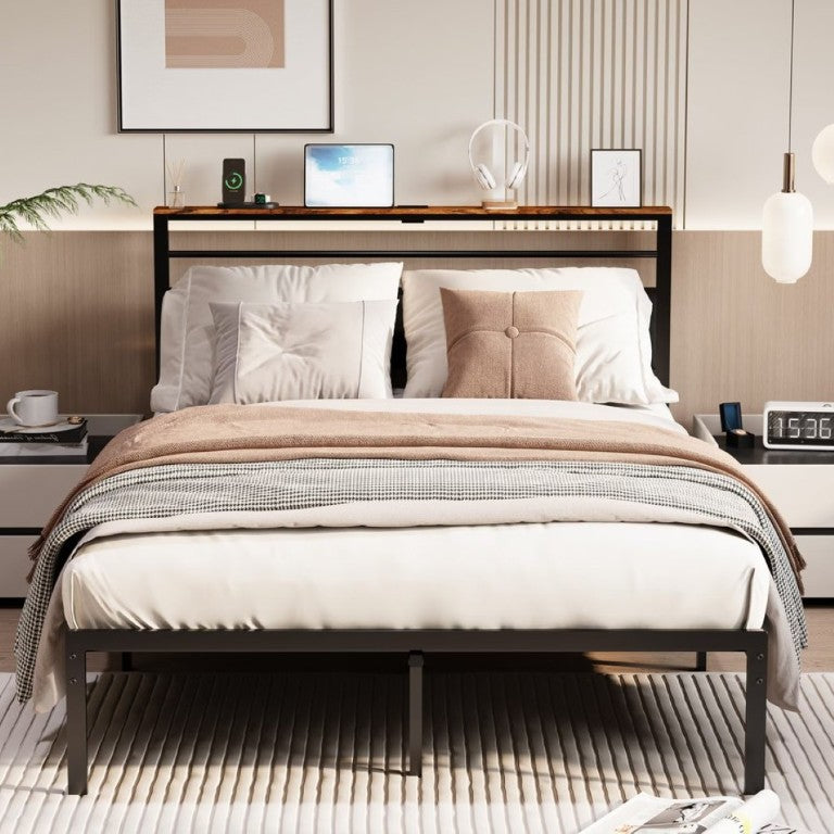 English Elm Queen Platform Bed Upholstered Headboard with USB Charging Shelf and Steel Slat Support T6051P534898