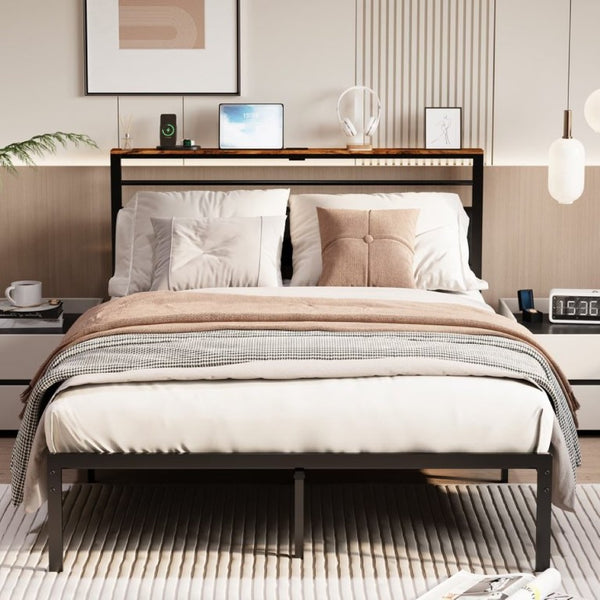 English Elm Queen Platform Bed Upholstered Headboard with USB Charging Shelf and Steel Slat Support T6051P534898
