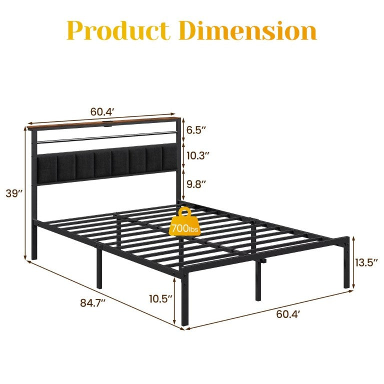 English Elm Queen Platform Bed Upholstered Headboard with USB Charging Shelf and Steel Slat Support T6051P534898