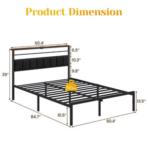 English Elm Queen Platform Bed Upholstered Headboard with USB Charging Shelf and Steel Slat Support T6051P534898