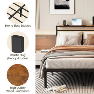 English Elm Queen Platform Bed Upholstered Headboard with USB Charging Shelf and Steel Slat Support T6051P534898