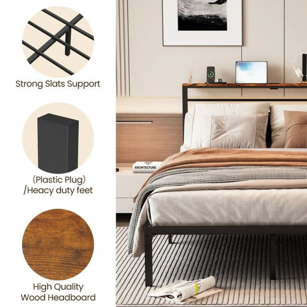English Elm Queen Platform Bed Upholstered Headboard with USB Charging Shelf and Steel Slat Support T6051P534898