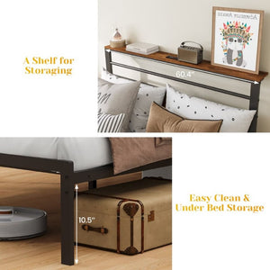 English Elm Queen Platform Bed Upholstered Headboard with USB Charging Shelf and Steel Slat Support T6051P534898