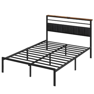 English Elm Queen Platform Bed Upholstered Headboard with USB Charging Shelf and Steel Slat Support T6051P534898