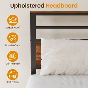 English Elm Queen Industrial Platform Bed Vintage Wood Headboard with Charging Station and Open Shelves T6051P535101